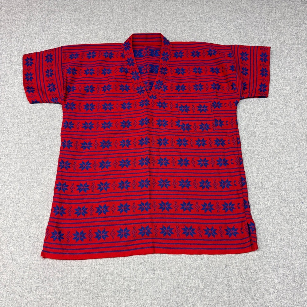 Unbranded Tunic Top XL Red Blue Snowflake Woven V-Neck Short Sleeve Boho Folk